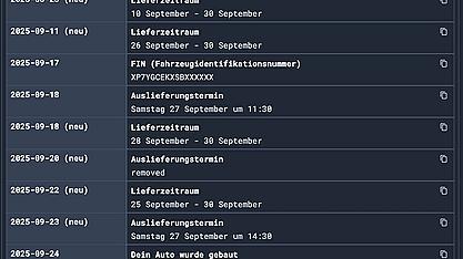 Timeline-Ansicht mit chronologischen Ereignissen zur Tesla-Bestellung.