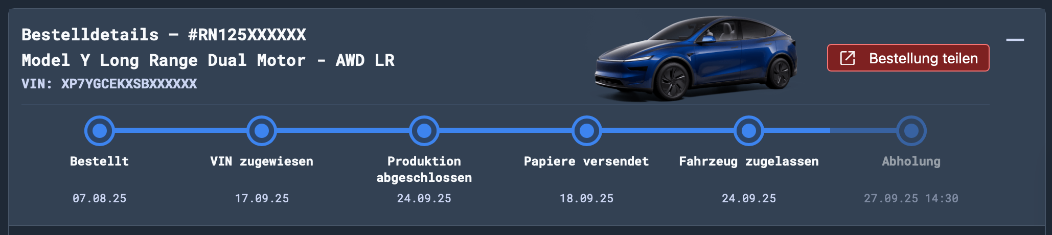 Meilensteine mit dem Fortschritt von der Bestellung bis zur Abholung.