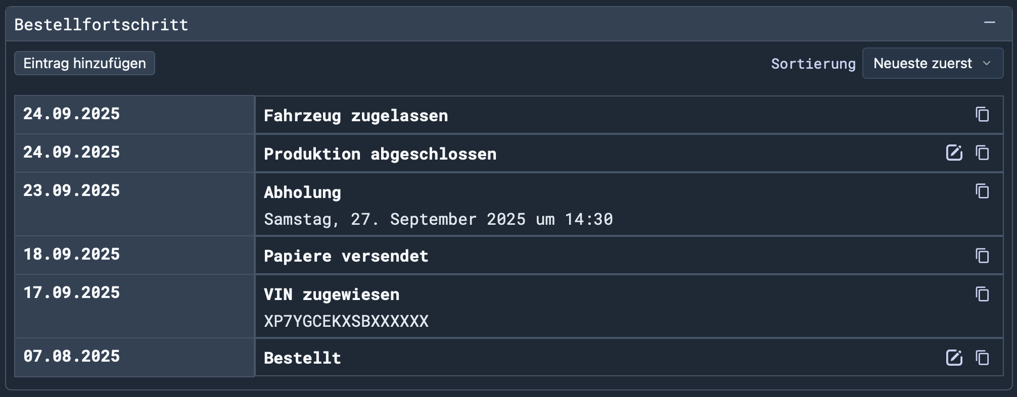 Bestellverlauf mit ausgewählten Fakten und ihrem aktuellen Status.