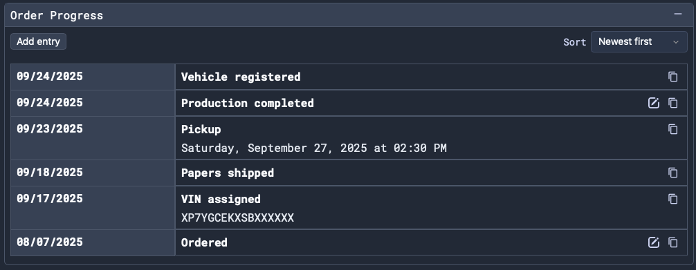 Order History with selected facts and their current status.
